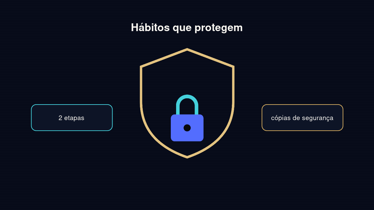 Escudo com cadeado, verificação em duas etapas e cópias de segurança