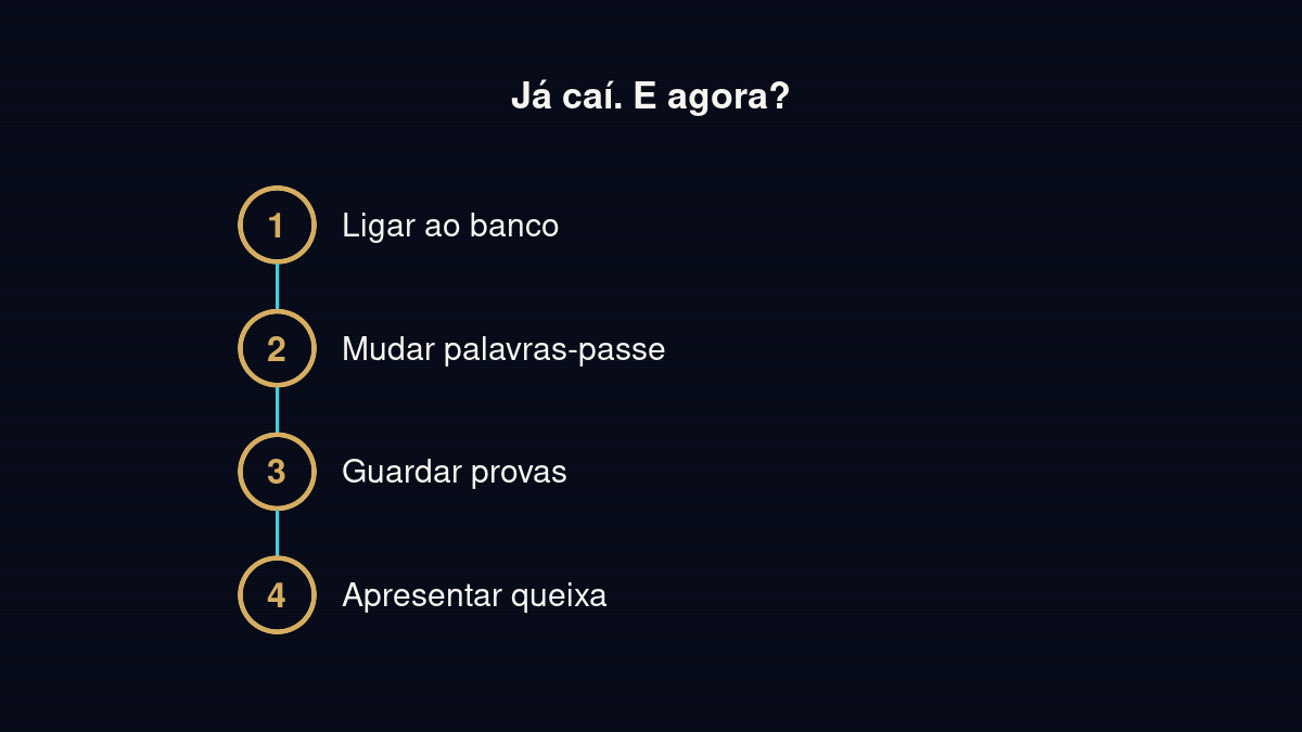 Quatro passos: ligar ao banco, mudar palavras-passe, guardar provas, apresentar queixa